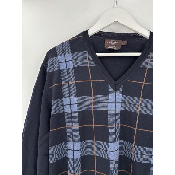 Black Brown 1826 Sweater Mens XL Blue Plaid 100% Merino Wool V Neck Pullover - Picture 6 of 15